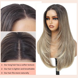 Seykiki Wear and Go Glueless Wig Light Blonde Synthetic Lace Front Wig with Bangs Pre Plucked Pre Cut Layered HD Lace Front Synthetic Wigs for Black Women Ready to Wear Middle Part 26 Inch