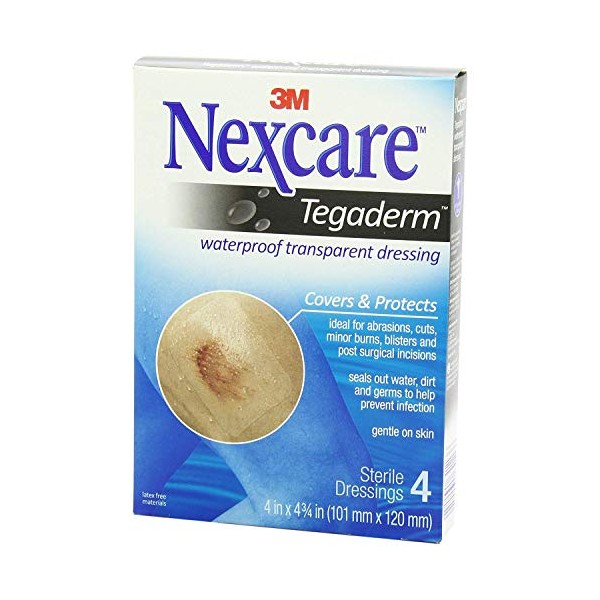 Nexcare Tegaderm Transparent Dressings 4 Inches X 4-3/4 Inches, 4 Count (Pack of 3)