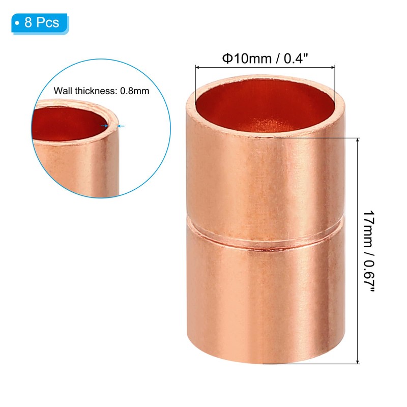 PATIKIL 8 Pcs 10mm ID Copper Coupling Fitting Roll Tube