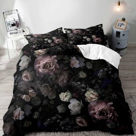 LUVIVIHOME 3PCS Black Floral Duvet Cover Queen Bedding Set, Gothic Bedding, Dark Moody Victorian Aesthetic Retro Garden Blossom Botanical Vintage Peony Rose Flower Comforter Quilt Cover 2 Pillow Cases