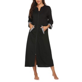 Ekouaer Women Zipper Robe 3/4 Sleeves Loungewear Dress Full Length Sleepwear Pockets Housecoat Nightgown Long Bathrobe