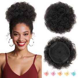 Hairro Afro Puff Hair Bun For Kids Human Hair Drawstring Ponytail Extensions For African Black Women Girls Remy Kinky Curly Scrunchy Hairpieces 54g 8" #1B Natural Black