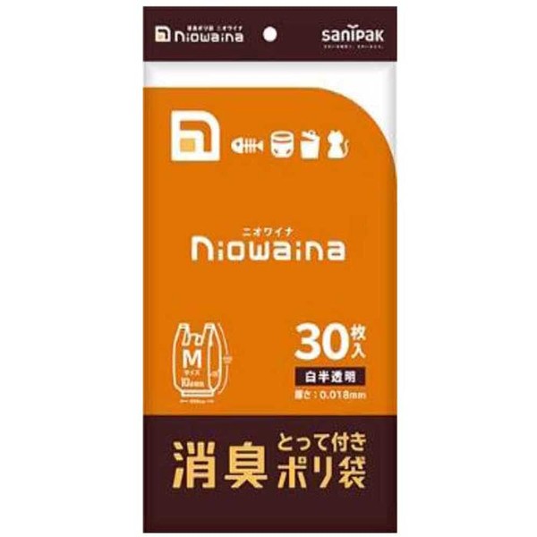 Nippon SaniPak Niowaina SY18 Deodorizing Plastic Garbage Bags with Handles, Trash Bags, 15.7 x 18.9 inches (40 x 48 cm), Translucent, White, Size M, Pack of 30