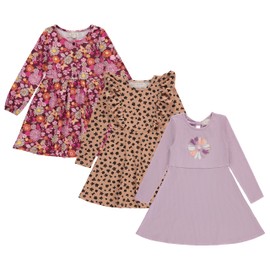 BTween Girls Long Sleeve Dresses, 3 Pack Soft Cotton Casual Dresses for Kids Orchid, Size 7/8