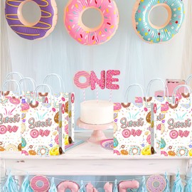 16 Pieces Sweet One Donut First Birthday Party Favors Bags,Donut 1st Birthday Goody Gift Snacks Treat Candy Party Favors Bags with Handles for Kids Adults Sweet One Donut Theme Party Decorations