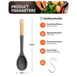 Large Silicone Cooking Spoons, Nonstick Solid Wooden Handle Spoon, Heat Resistan Silicone Kitchen Spoons for Cooking, Serving, Basting, Mixing, 13.2inch (Grey)