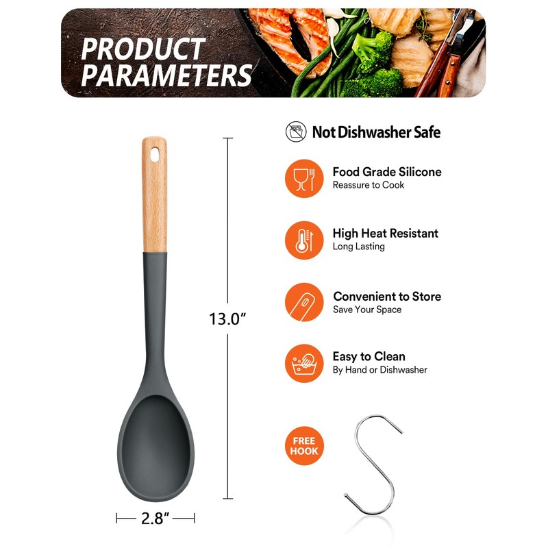 Large Silicone Cooking Spoons, Nonstick Solid Wooden Handle Spoon, Heat