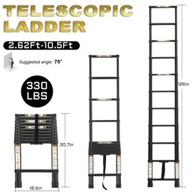 RIKADE Telescoping Ladder 10.5FT & Attic Ladder, Heavy Duty Aluminum with Non-Slip Feet, 330lb Capacity for RV, Attic, Roof & Multi-Surface Use