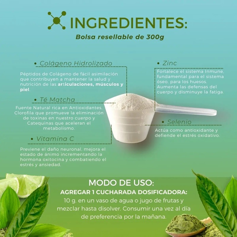 Biosuple Colágeno Hidrolizado Sin Sabor 300g Té Matcha Vitamina C