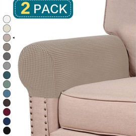 GAMUKAI Stretch Armrest Covers (Set of 2) – Anti-Slip Spandex Jacquard Furniture Protectors for Chairs, Sofas & Recliners – Washable & Durable Slipcovers (Khaki)