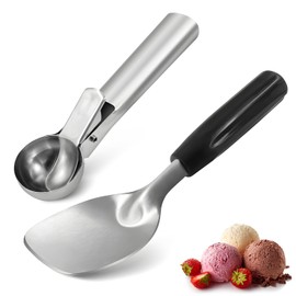 Professional Ice Cream Scoop Stainless Steel – 2 Pack, Best Rated Large Ice Cream Scoops for Gelato, Sorbet, Melon – Non-Slip Rubber Handle, Heavy Duty & Ergonomi