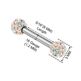 KJM Fashion 2 x Stainless Steel Barbell Stud Earrings 1.2 mm 16 g Rook Earrings, Stainless Steel