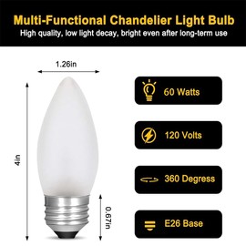 Jacqings 60 Watt Incandescent Light Bulbs, Medium E26 Candelabra Base Equivalent Incandescent Torpedo Tip Chandelier with Crystal，Frosted Flame Tip Chandelier Light Bulb.