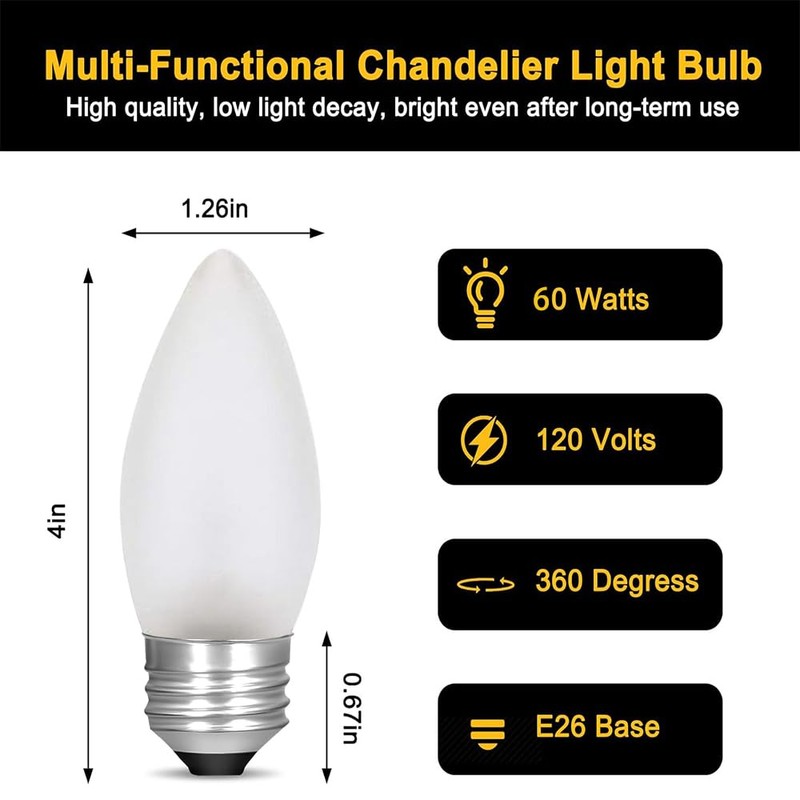 Jacqings 60 Watt Incandescent Light Bulbs, Medium E26 Candelabra Base