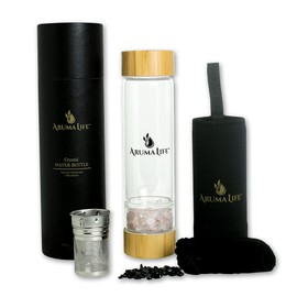 Aruma Life Crystal Water Bottle with a Loose-Leaf Tea or Fruit Infuser, Safe for Hot and Cold Drinks, Eco-friendly & Plus BONUS Protective Sleeve & Extra Set of Crystals (Rose Quartz & Obsidian)