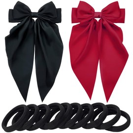 Muximud 2Pcs Silky Satin Hair Bows Ribbons Metal Hair Clips for Women Girls, Versatile Long Tail Bowknot Barrettes, Aesthetic Hair Accessories, Christmas Gifts (Black&Red)
