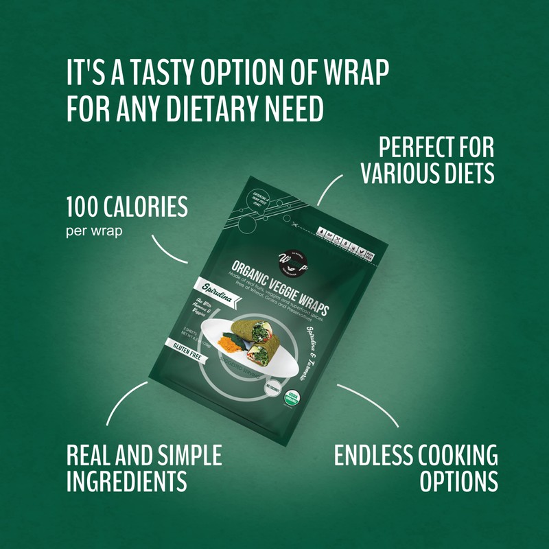WrawP Organic Veggie Wrap - Spirulina (1PACK) Gluten Free, Plant-Based