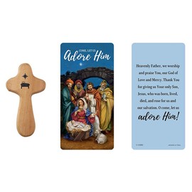 Needzo Wood Handheld Pocket Cross with Inspirational Prayer Card, Come Let Us Adore Him, 4 Inches