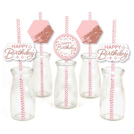 Big Dot of Happiness Pink Rose Gold Birthday - Paper Straw Decor - Happy Birthday Party Striped Decorative Straws - Set of 24
