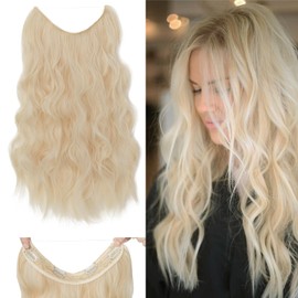 24 Inch Wire in Hair Extension Hidden Invisible Adjustable Wire Hair One Piece Wavy Curly Long Synthetic Hairpieces for Women Natural Heat Temperature Fiber Colour-Bleach Blond
