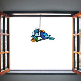 Bieye W10050 a Pair of Bluebirds on Branch Tiffany Style Stained Glass Sun Catcher Window Hangings with Chain and Suction Cup Hook, 8" W x 5" H, Blue