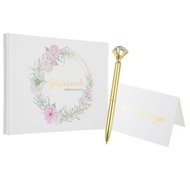 PATIKIL Guest Book, 9.3x7 Elegant Wedding Guestbook German Wreath Cover Memory Book with Diamond Signing Pen and Greeting Card for Wedding Bridal Shower Birthday Party Events, Gold Tone