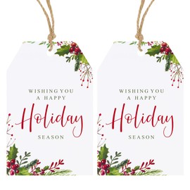 Anwyll Holiday Gift Tags Design with String,50Pcs Merry Christmas Gift Tags,Happy Holidays Season Gift Tags,Holly Christmas Tags,Xmas Gift Wrapping Tags for Present Holiday Christmas Party Decoration