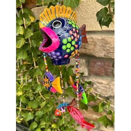Handmade Mexican Pottery Fish Mobile - Vibrant Colors, 6x6 Inches with 15-Inch Dangling Fish