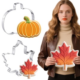 Teenyyou 2 Pcs Extra Large 8" Thanksgiving Cookie Cutters Including Giant Maple Leaf and Pumpkin Shaped Stainless Steel Mold Cutters for Fall Holiday Baking