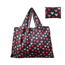 JISEN Reusable Grocery Bags 2 Packs Large Nylon Washable Foldable Eco Friendly Heavy Duty Shopping Tote Bag Fits in Pocket Heart