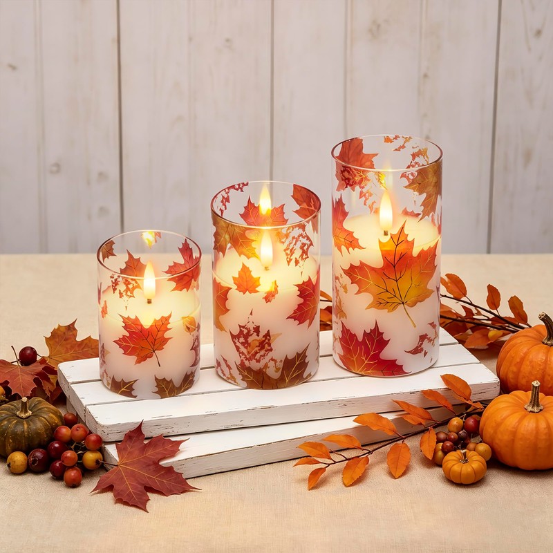 JOIONE Fall Flameless Glass Candles, 3 Pack Maple Leaf LED