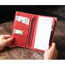 Robrasim Server Book Organizer with Zipper Pocket, Genuine Leather Restaurant Guest Check Presenters Card Holder for Waitress, Waiter Accessories Fit Server Apron - Wine