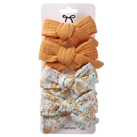 Summer 4pcs Hair Clips for Girls, 3 Inch Muslin Gauze Baby Clip Bows Fully Lined Baby Barrettes, Soft Cotton Floral Girls Hair Clips Toddler Hair Accessories for Infant in Pairs (Yellow)