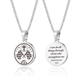 HMOOY Sports Pendant Cross Necklace with Inspiring Bible, Stainless Steel Inspirational Necklace with Phil 4:13 for Athletes Basketball Fans Team Sprots Jewelry for Players Men (Racing)