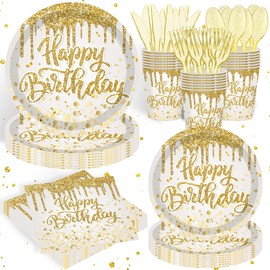 140pcs Golden Happy Birthday Party Supplies Gold Birthday Paper Plates Napkins Gold Glitter Birthday Dessert Party Tableware Set Golden Dinnerware for Birthday Party Decoration Serve 20