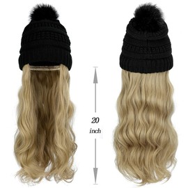 Qlenkay Beanie Hat with Long Wavy Curly Hair Extensions Knit Thick Lined Cap Attached 20in Synthetic Wig Detachable Hairpiece Warm Pom for Women Winter Ash Blonde