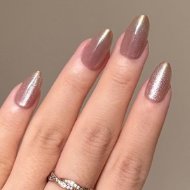 Fomkrio Shimmer Cat Eye with Gold Glitter Omber Short Press On Nails Almond Acrylic Fake Nails with Designs Daily Minimalism Spring Summer Nails for Women Girls, 15 Sizes - 30Pcs Manicure Nail Kit