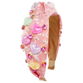 BETITETO Wide Knotted Headband for Women Love Heart Pink Rhinestone Jeweled Crystal Beaded Pearls Hair Bands Hoops Accessories Gifts For Her