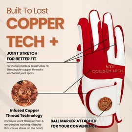 Copper Tech Men's Golf Gloves - Optimal Wrist Support with Copper Infused Thread - 100% AAA Synthetic Tacky Leather - Perfect for Summer & Fall Golfing - Golf Gloves Men (Hand Orientation: Both Hand)