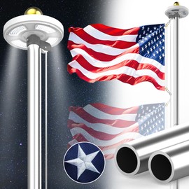 Bknius 100MPH 12 Gauge Flagpole Kit with Solar Light and Flag 2mm Thick, Heavy Duty Flag Pole Holder With Light Solar Powered, Flagpole Kit 20FT Silver With Pulley and Rope, for Outside Use(Solar Light Silver and Black Random)