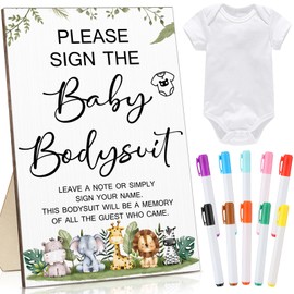Qunclay 12 Pcs Baby Shower Game Party Favors with White Unisex Bodysuit Wooden Sign Tabletop Decor and Marker for Guests(Safari)