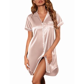 Ekouaer Satin Nightgowns for Women Button Down Nightshirts Silk Sleepshirts Short Sleeve Boyfriend Sleepwear Champagne Medium
