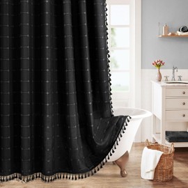 MitoVilla 72 x 78 Black Farmhouse Shower Curtain Set, Boho 78 inch Long Polyester Linen Tassel Fabric Shower Curtain Set for Chic Cottagecore French Rustic Bathroom Decor