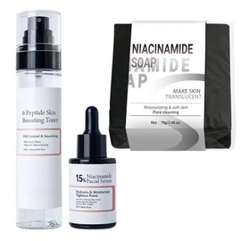 Niacinamide 15% Peptide Booster Set - Korean Skin Care Set - Niacinamide Serum, 6 Peptide skin booster Toner, Niacinamide Pore cleaning Soap, Skincare Gift Sets for Women, Anti-Aging