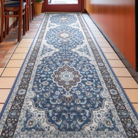 Well Woven Custom Size 22" Wide Runner Non-Slip Rubber Backed Machine Washable Hall - 26 Inches Wide x 5 Feet Long Runner (26" x 5' Runner) Rug Eugene Blue Oriental Medallion Indoor Outdoor Low Pile