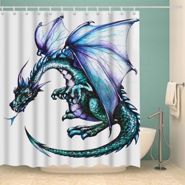 BLDKORUER Blue Dragon Shower Curtain Set Reptile Winged Dragon Fire Animal 60x72 Curtain for Bathroom Shower Curtain Set with Hooks Home Bath Curtain