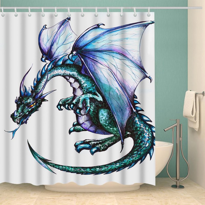 BLDKORUER Blue Dragon Shower Curtain Set Reptile Winged Dragon Fire