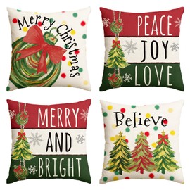 AVOIN colorlife Merry Christmas Trees Balls Peace Joy Love Throw Pillow Covers, 18 x 18 Inch Merry and Bright Believe Red Green Seasonal Winter Holiday Cushion Case Decoration for Sofa Couch Set of 4