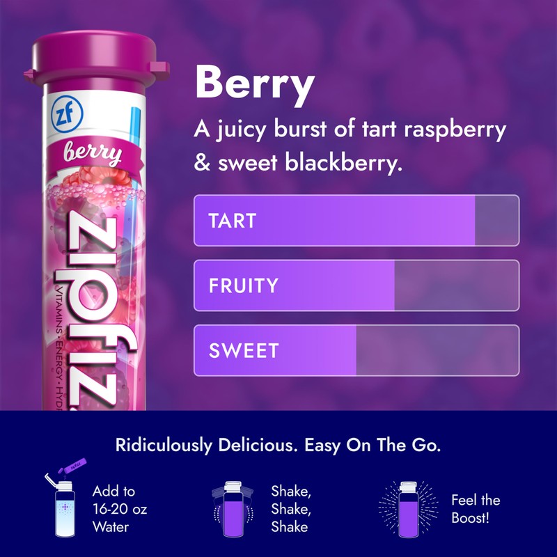 Zipfizz Daily Energy Drink Powder, Berry, 20 Pack | 3-in-1