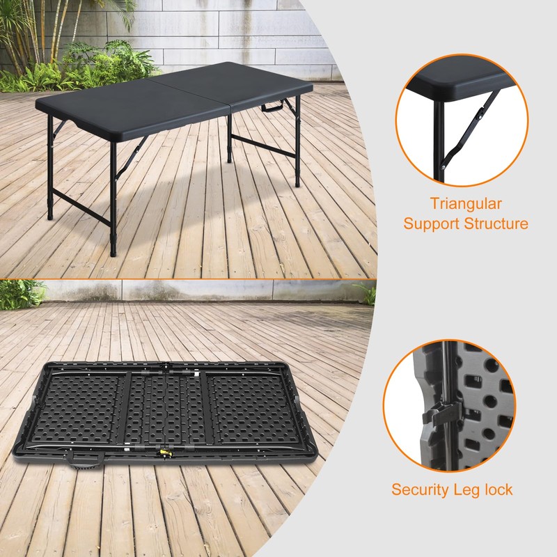 SculPong Folding Table 4ft Portable Fold-in-Half Plastic Table Black Foldable